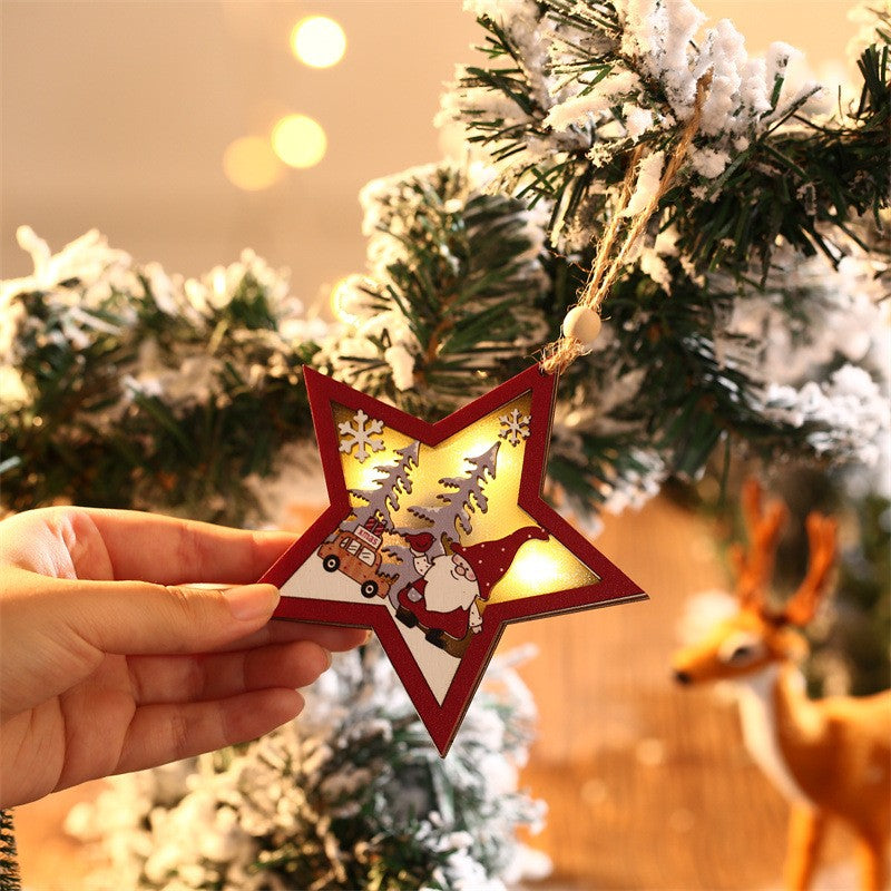 Ornament de Brad, cu Lumini LED, din Lemn, Figurina Elf, Model Stea, Multicolor