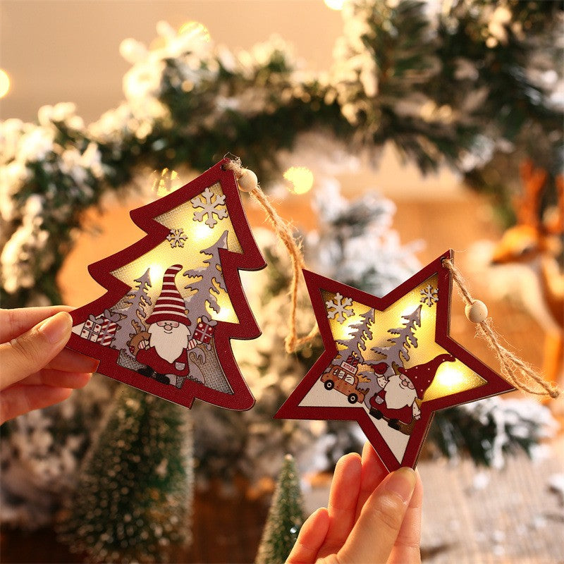Ornament de Brad, cu Lumini LED, din Lemn, Figurina Elf, Model Stea, Multicolor
