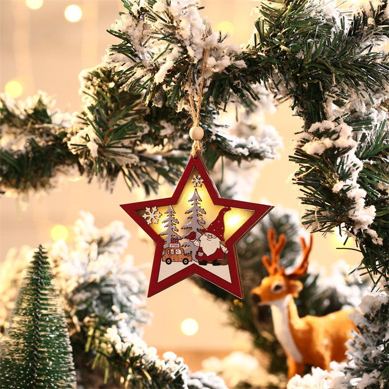 Ornament de Brad, cu Lumini LED, din Lemn, Figurina Elf, Model Stea, Multicolor