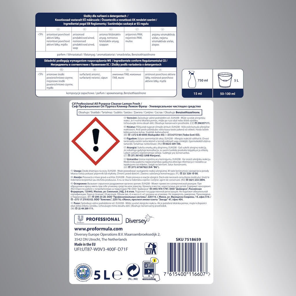 Pachet CIF Professional APC Lemon Fresh – Detergent Universal, Parfum de Lamaie, 2×5 L