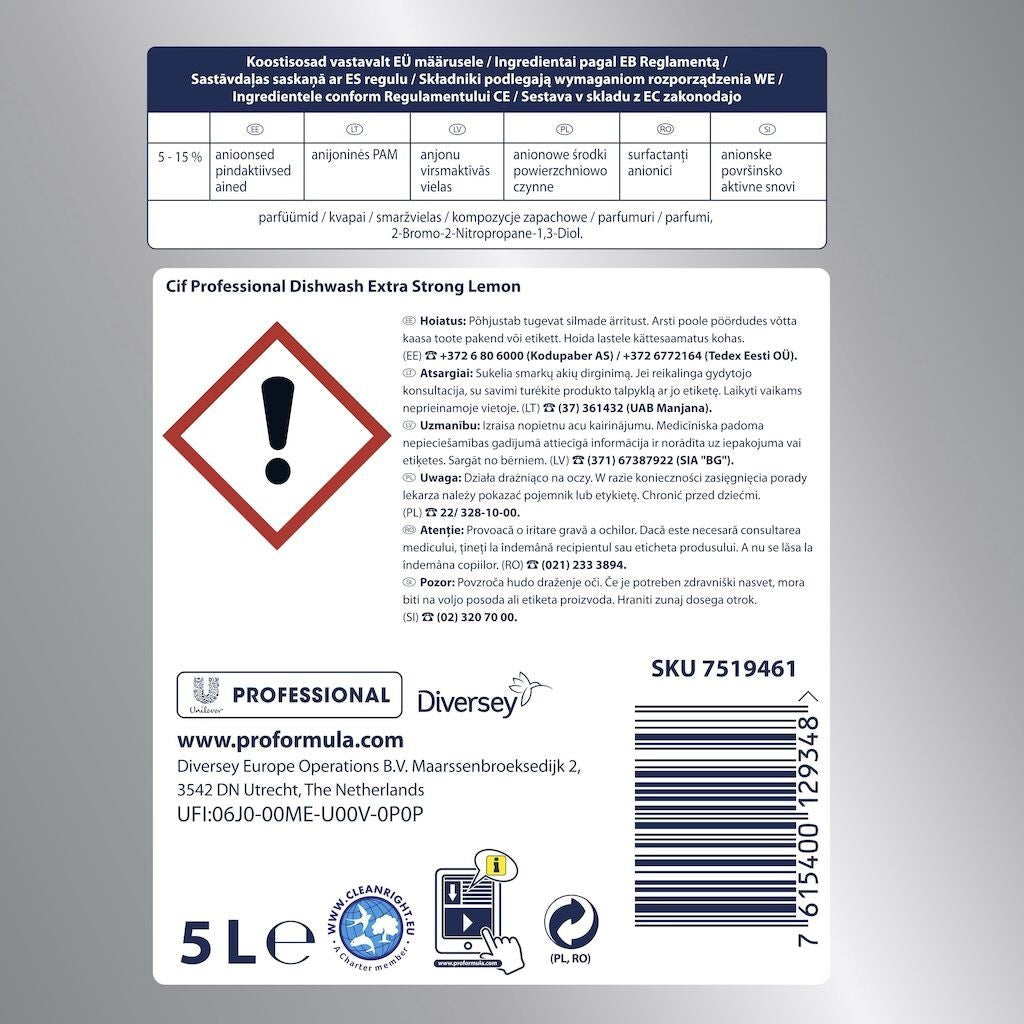 CIF Professional Dishwasher Extra Strong Lemon – Detergent pentru Spalarea Manuala a Vaselor, cu Lamaie 5 L