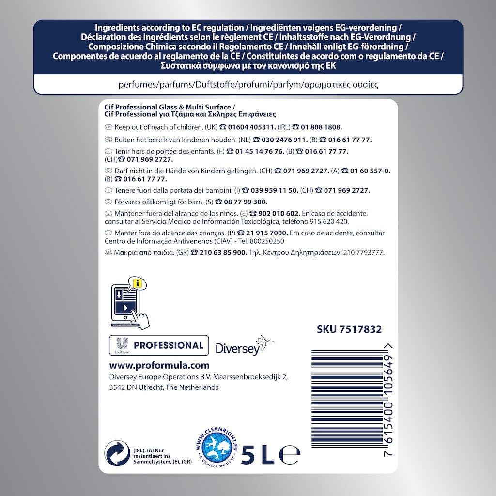 CIF Professional Glass &amp; Multi Surface – Detergent Geamuri si Suprafete 5 L