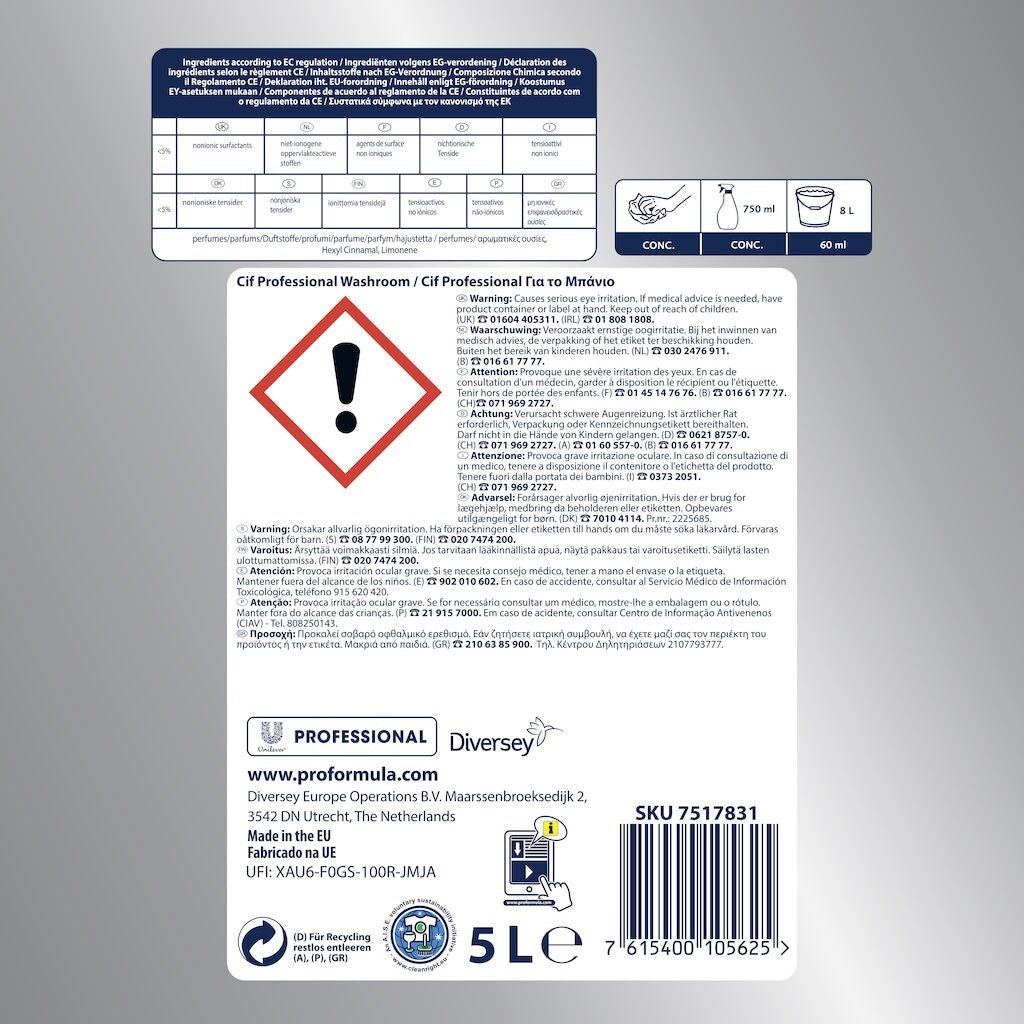 CIF Professional Washroom – Detergent si Detartrant pentru Suprafetele din Baie, 5 L