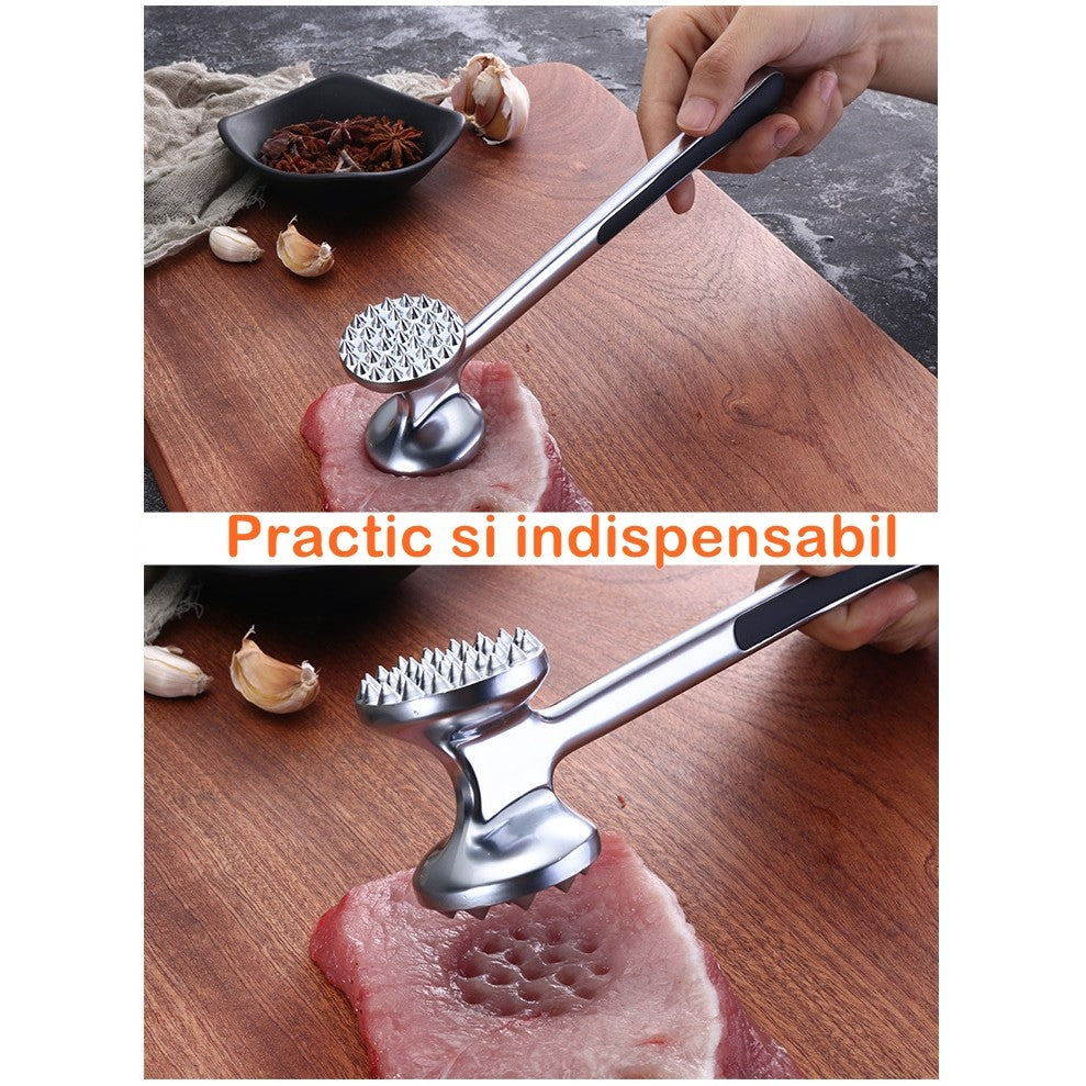 Ciocan pentru snitele si carne din aliaj de zinc, maner antialunecare, doua capete, 22 cm, argintiu