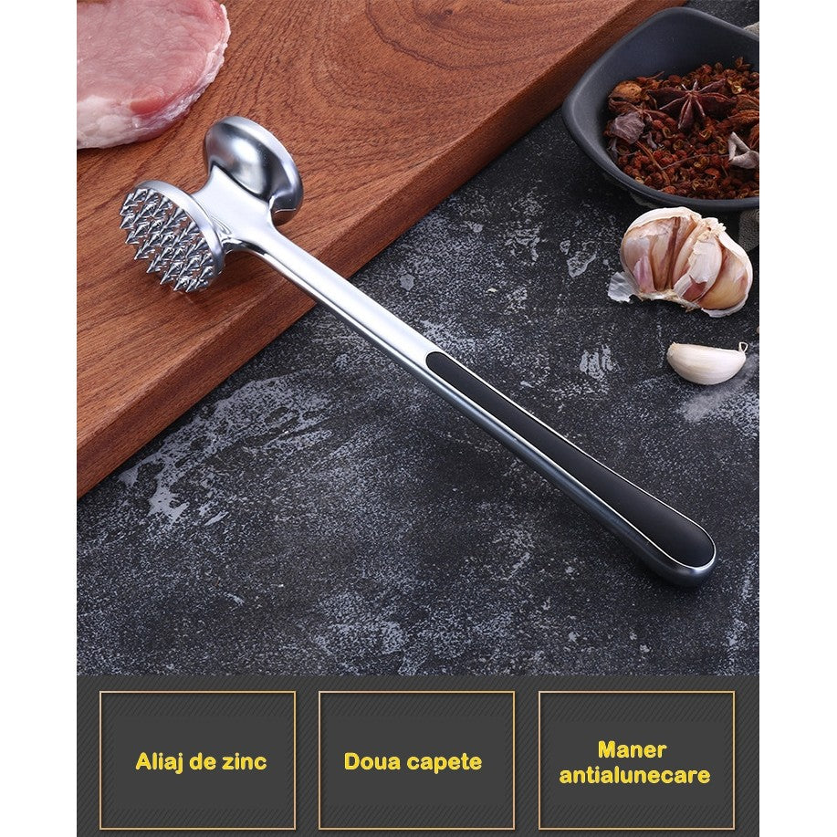 Ciocan pentru snitele si carne din aliaj de zinc, maner antialunecare, doua capete, 22 cm, argintiu