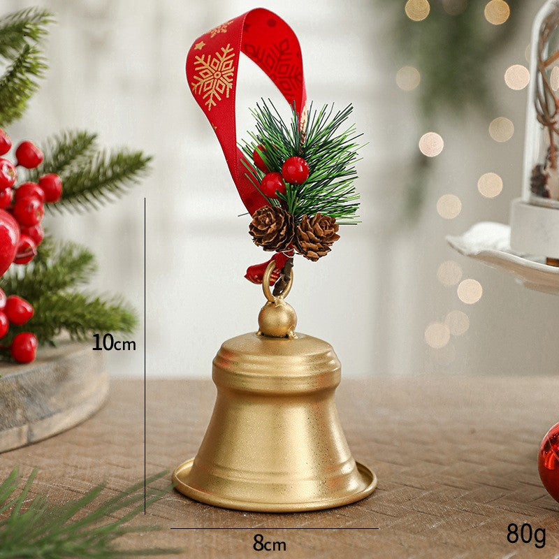 Clopot decorativ pentru Brad Craciun, Clopot din Metal cu Funda si Crenguta de Brad pentru Decoratiune de Craciun, 10 x 8 x 8 cm, Auriu