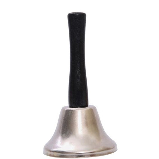 Clopotel de mana, argintiu, metalic, maner de lemn, lungime 12 cm, diametru 5cm