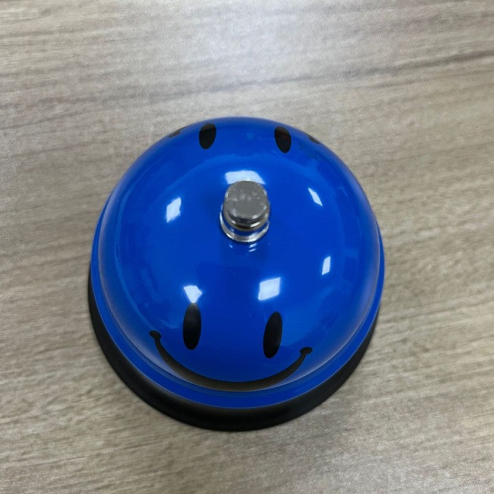 Clopotel Metalic Multifunctional, Flippy, Albastru cu Imprimeu Smiley Face, 7.5x7.5x6.5 cm, Receptie, Restaurant, Cafenele