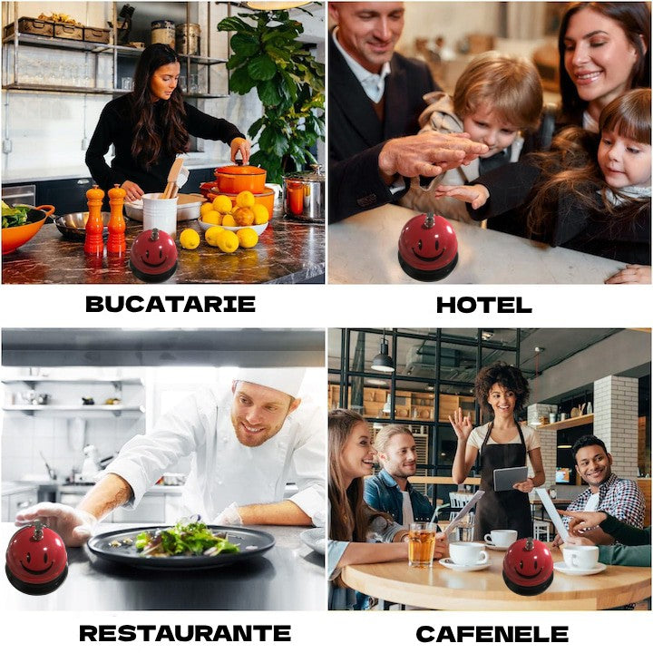Clopotel Metalic Multifunctional, Rosu cu Imprimeu Smiley Face, 7.5x7.5x6.5 cm, Receptie, Restaurant, Cafenele