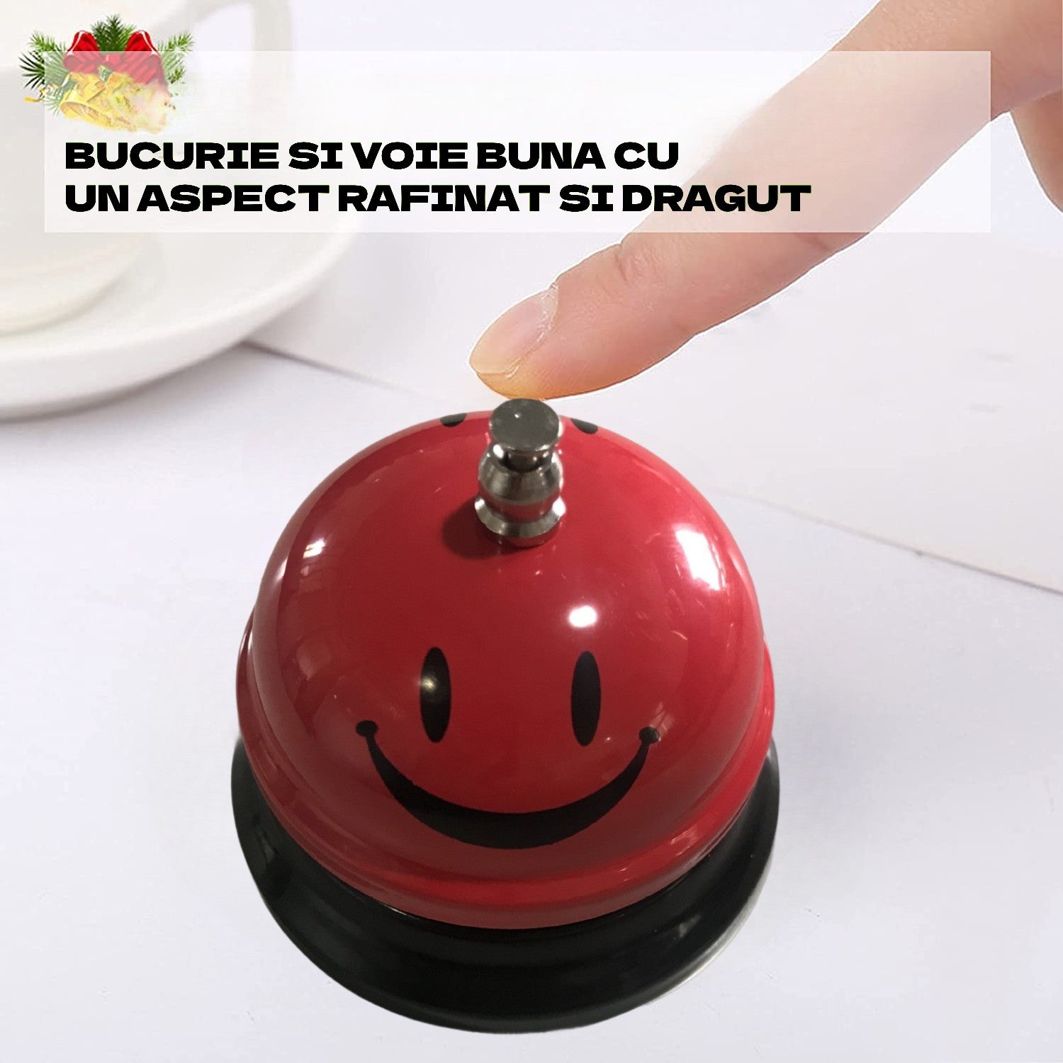 Clopotel Metalic Multifunctional, Rosu cu Imprimeu Smiley Face, 7.5x7.5x6.5 cm, Receptie, Restaurant, Cafenele