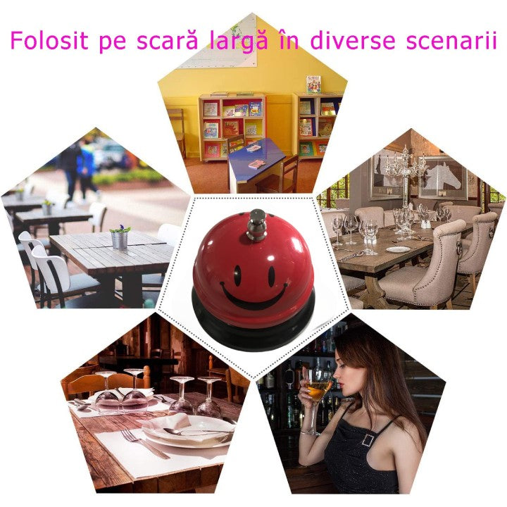 Clopotel Metalic Multifunctional, Rosu cu Imprimeu Smiley Face, 7.5x7.5x6.5 cm, Receptie, Restaurant, Cafenele