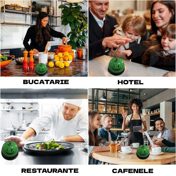 Clopotel Metalic Multifunctional, Verde cu Imprimeu Smiley Face, 7.5x7.5x6.5 cm, Receptie, Restaurant, Cafenele