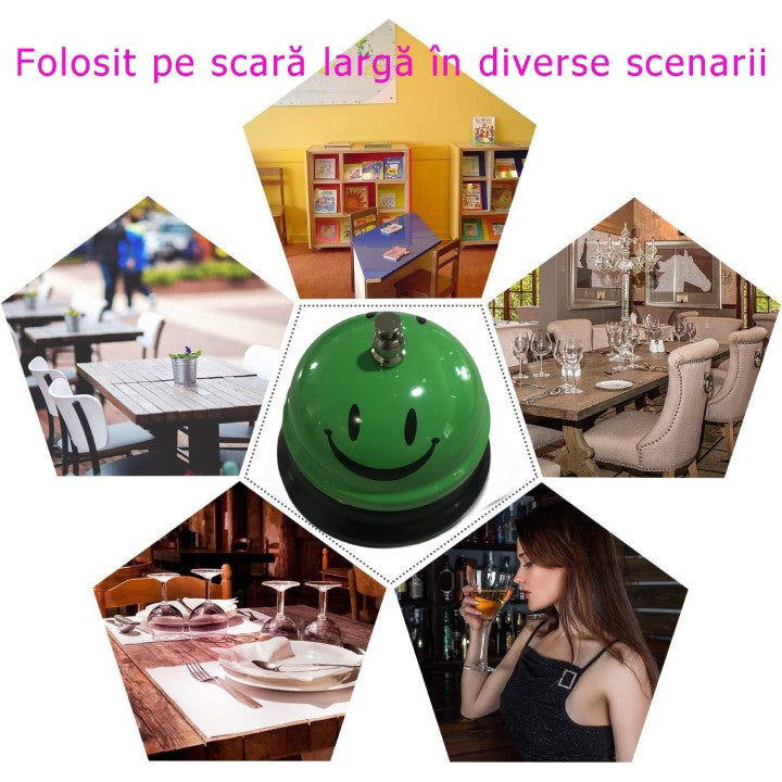 Clopotel Metalic Multifunctional, Verde cu Imprimeu Smiley Face, 7.5x7.5x6.5 cm, Receptie, Restaurant, Cafenele