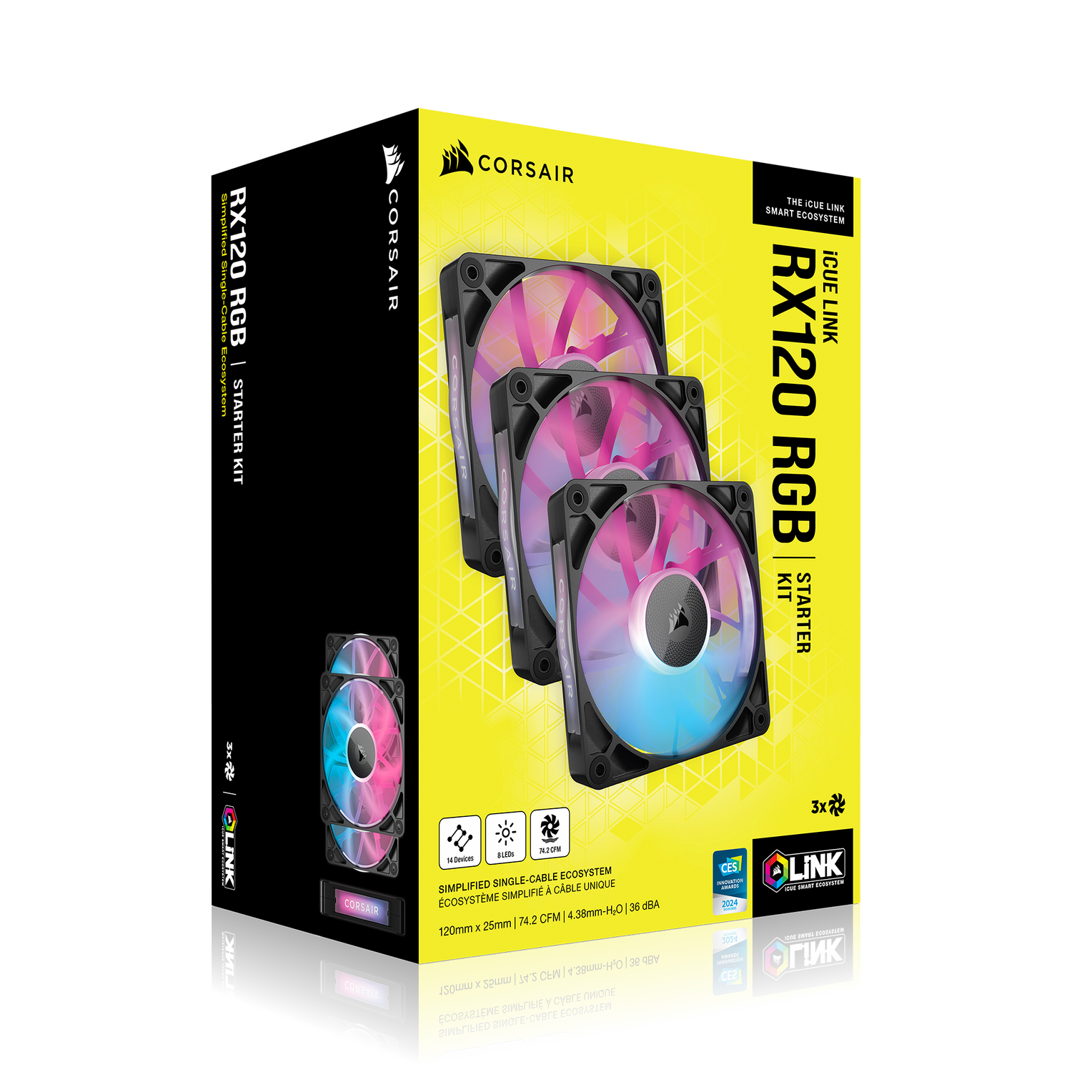 VENTILATOR Corsair iCUE LINK RX120 3x120mm RGB NEGRU, 0.400-2100 RPM +/- 10%, 10.5-74.2 CFM,Presiune Statica: 0.12-4.38 mm-H2O,10-36dBA, Prindere magnetica, Lungime cablu 135mm, 600mm "CO-9051018-WW"