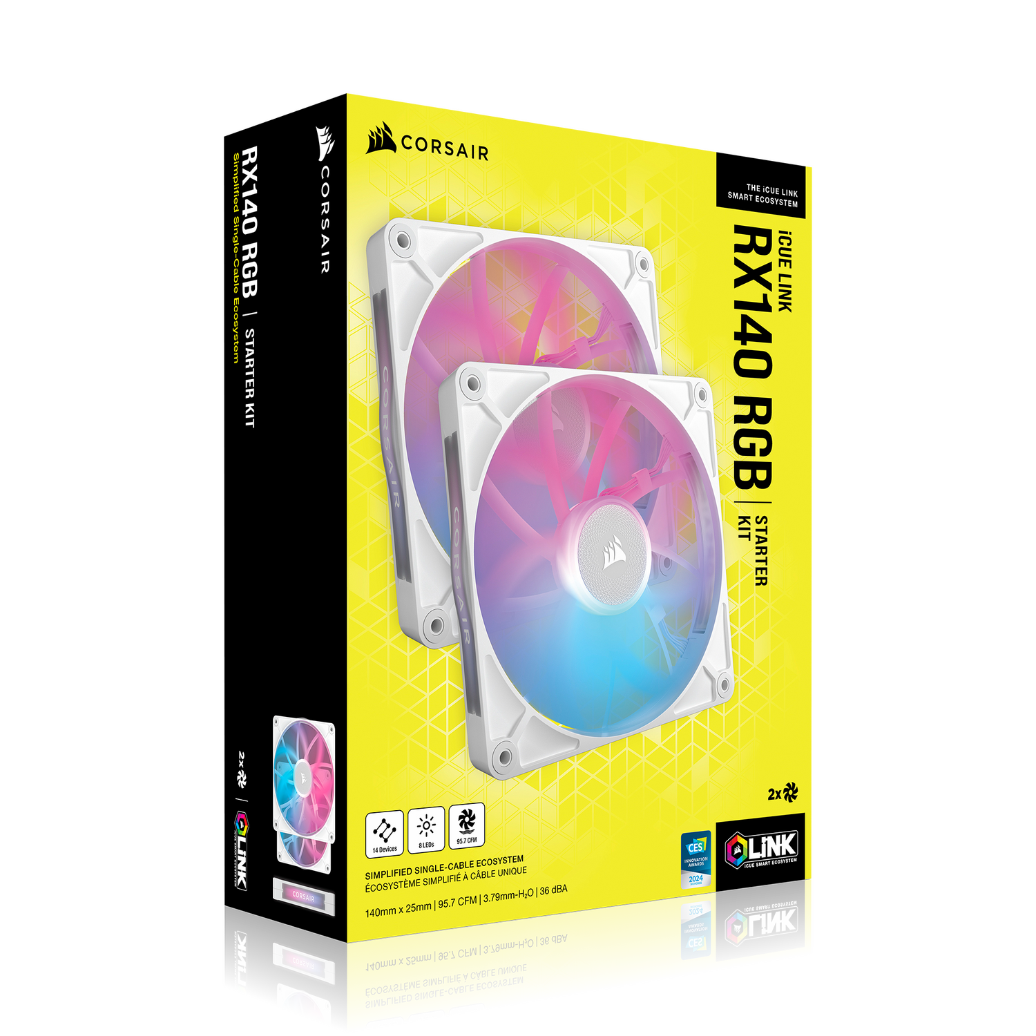 VENTILATOR Corsair iCUE LINK RX140 2x140mm RGB ALB, 0.300-1700 RPM +/- 10%, 18.1-95.7 CFM, Presiune Statica: 0.15-3.79 mm-H2O, 10-36dBA, Prindere magnetica, Lungime cablu 135mm, 600mm "CO-9051024-WW"