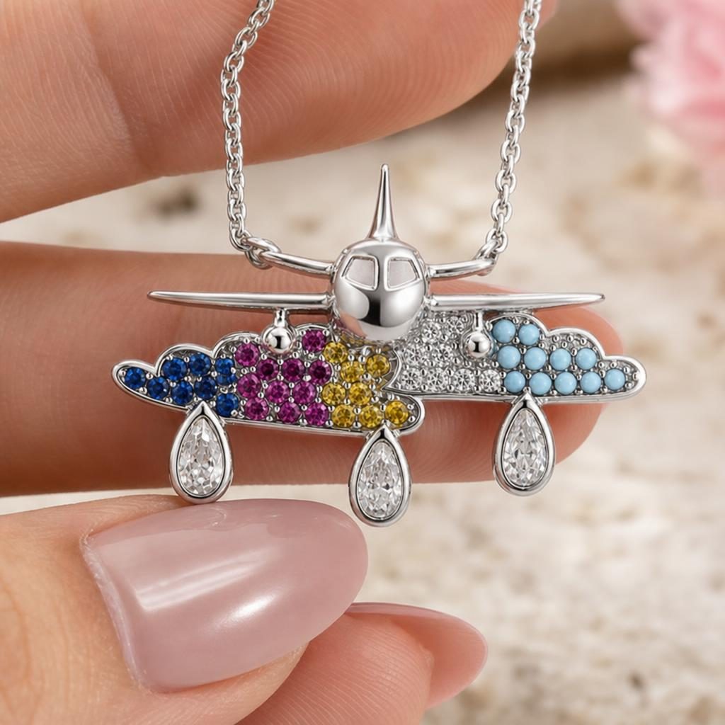Colier din Argint 925, Model Avion printre Nori și Picături, cu Zirconii Multicolore, Design Tematic, Finisaj Lucios,Lungime 42.7cm, Argintiu