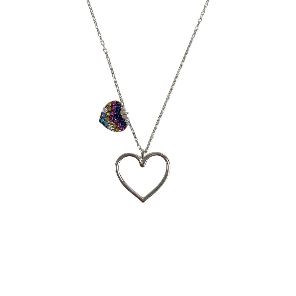 Colier din Argint 925, Inima Dubla cu Zirconii Multicolore 40 cm