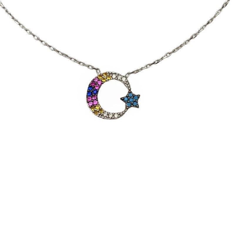 Colier din Argint 925, Semiluna cu Zirconii Multicolore 40 cm
