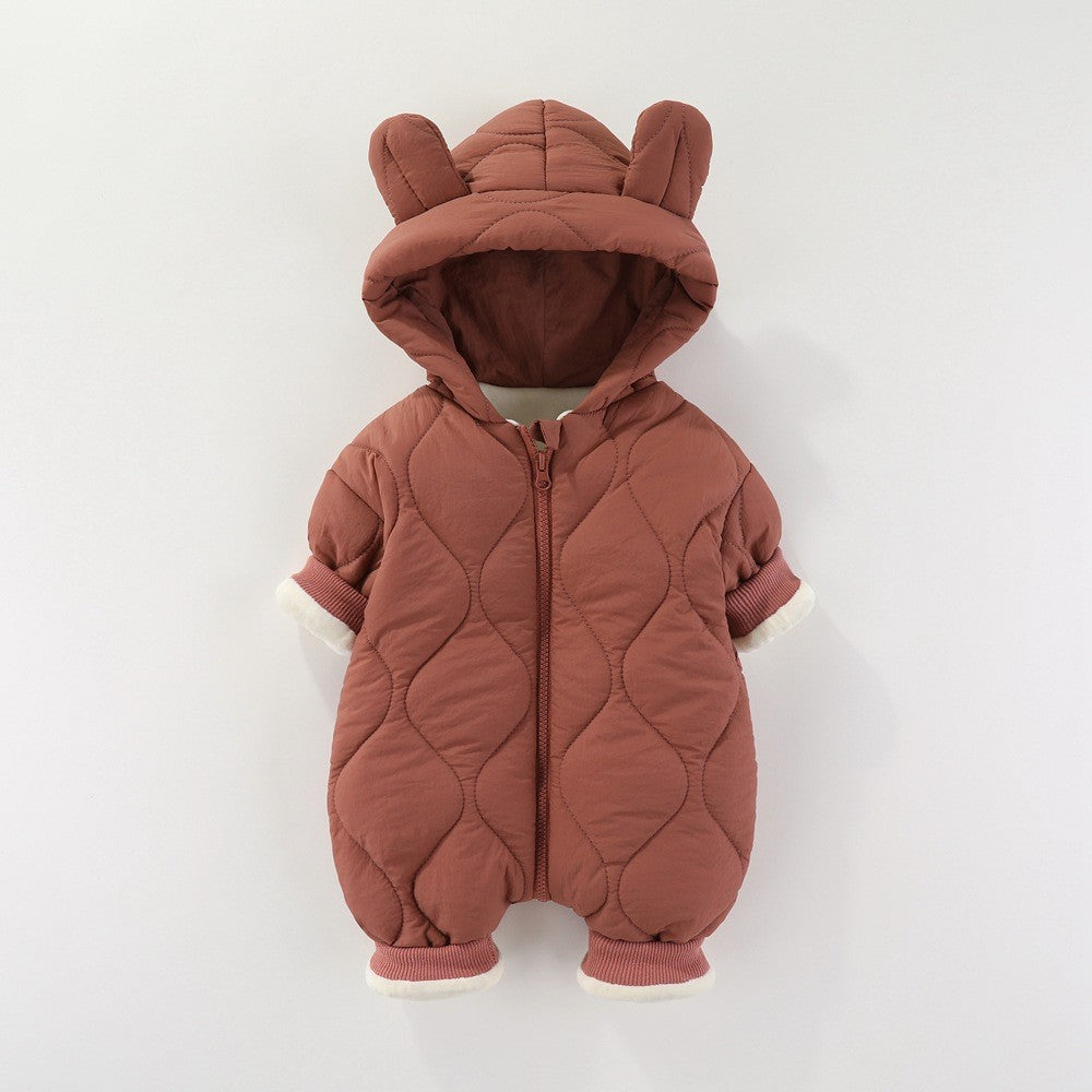 Combinezon de Iarna, Flippy, pentru Bebelusi, din Bumbac, cu Urechi, Mansete Elastice, Unisex, 73 cm, Visiniu