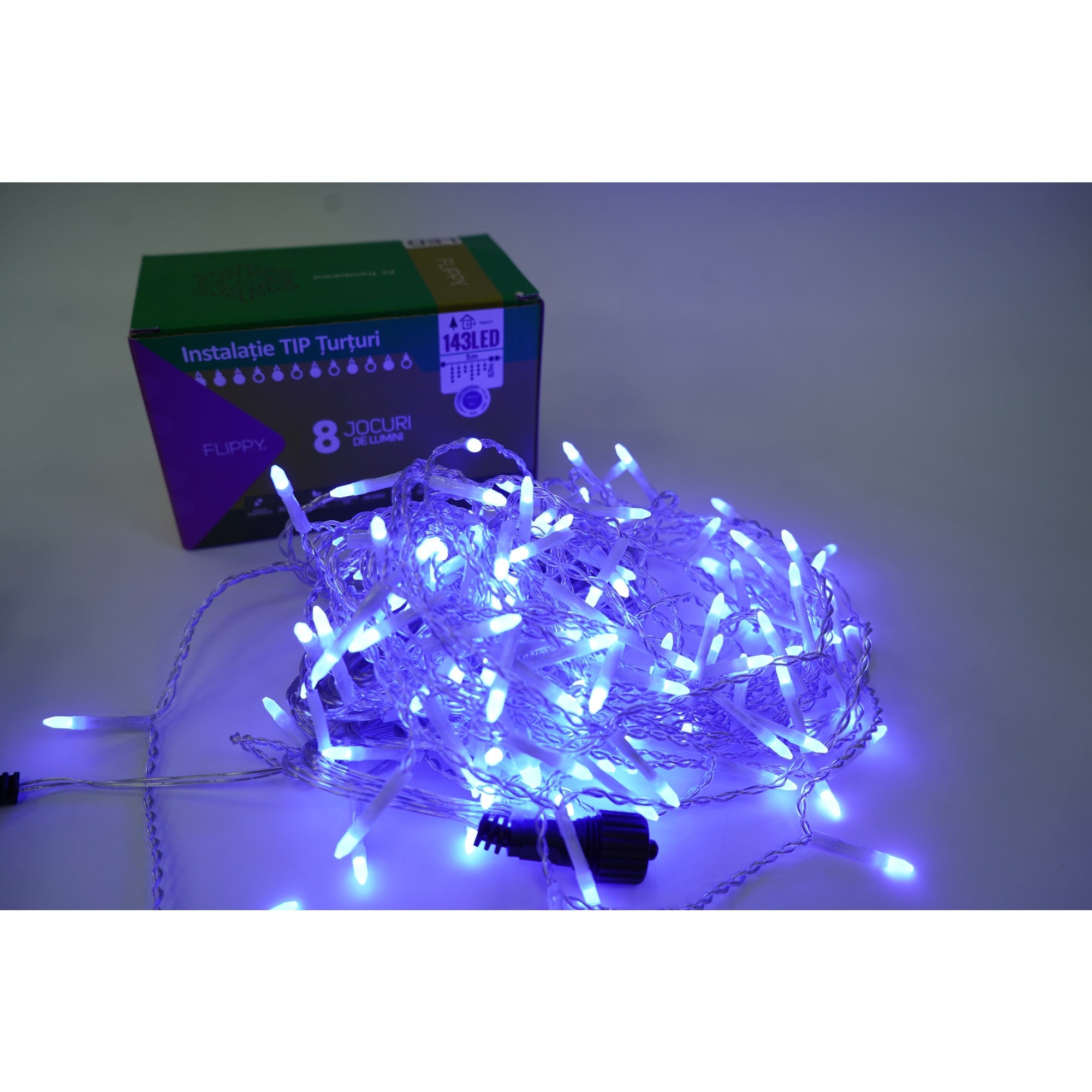 Sectiune Instalatie de Craciun, Tip Turturi, Fara Alimentator, 5m, 143 LED-uri, 8 Jocuri de Lumini, Fir Transparent, Lumina Albastra, IP44, Interconectabila