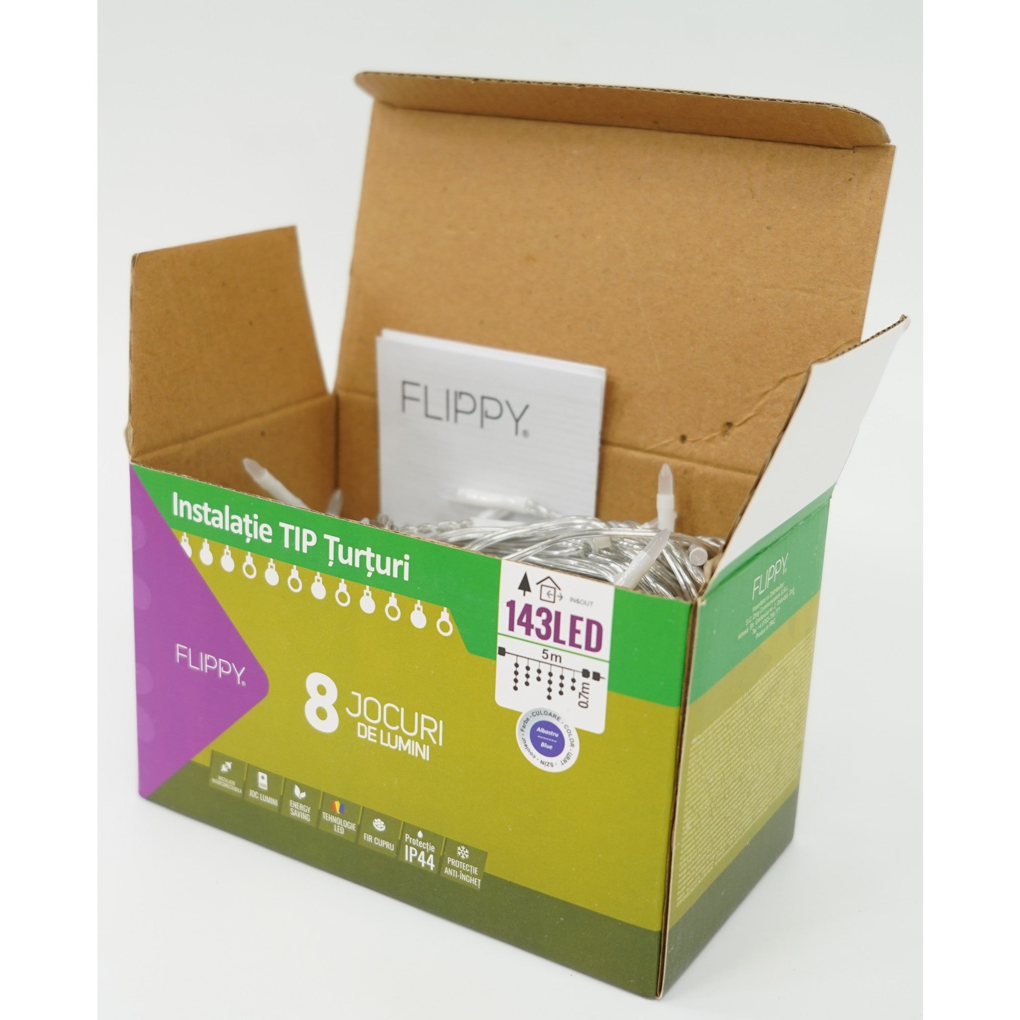 Sectiune Instalatie de Craciun, Tip Turturi, Fara Alimentator, 5m, 143 LED-uri, 8 Jocuri de Lumini, Fir Transparent, Lumina Albastra, IP44, Interconectabila