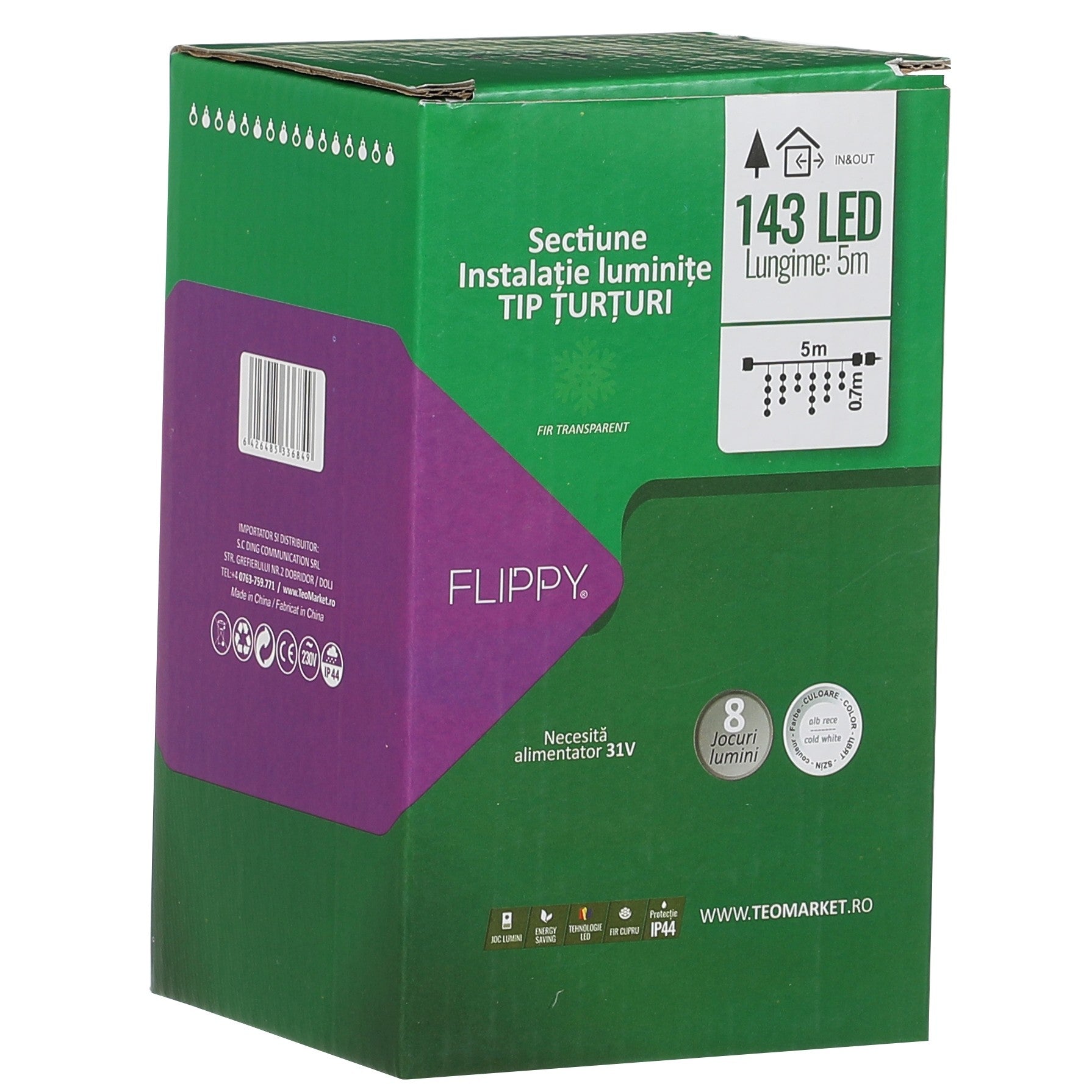 Componenta Instalatie de Craciun ® Tip Franjuri, 8 jocuri de lumini Sectiune 5 m, 143 LED-uri, Interconectabila, Fir Transparent, Alb Rece, Nu contine Transformator!