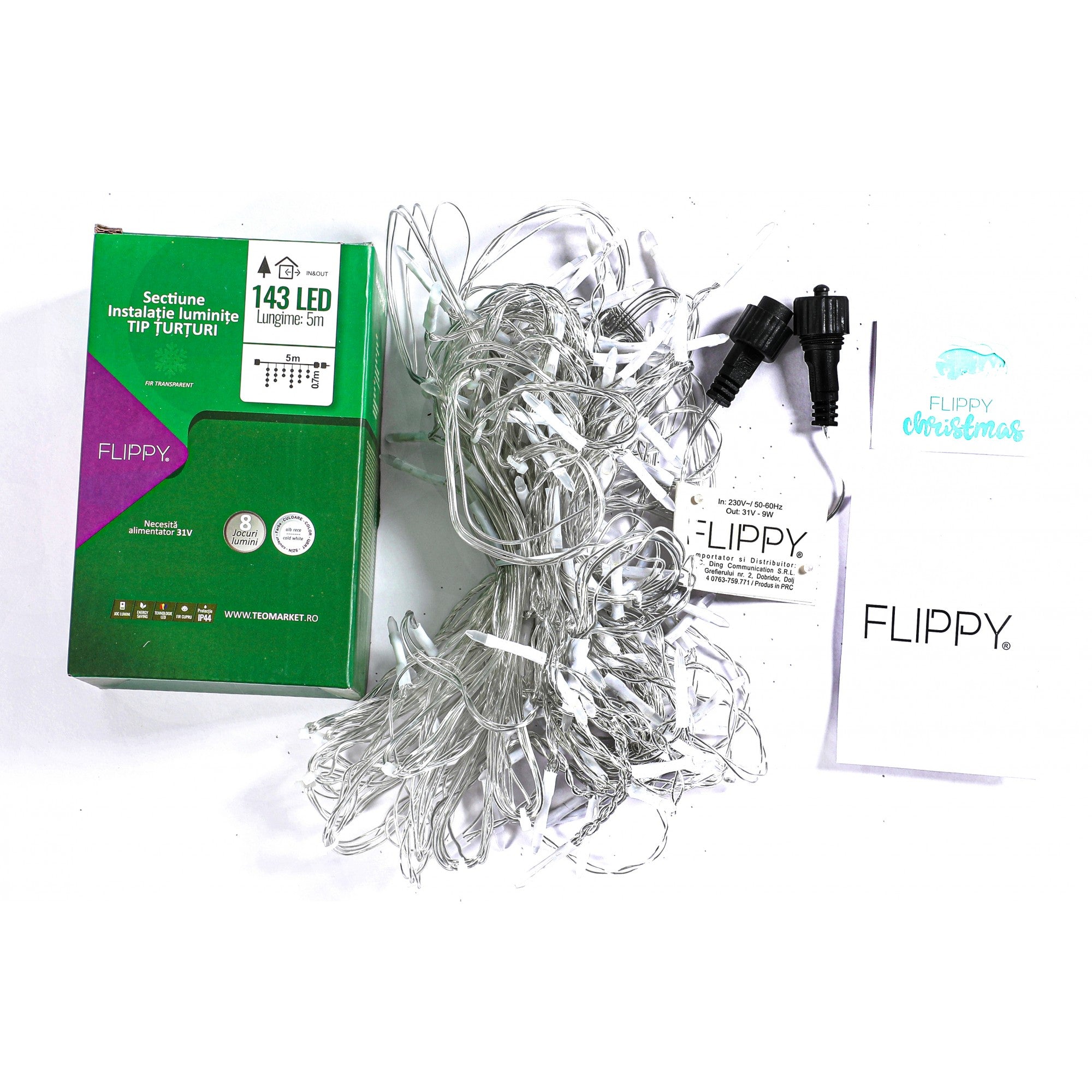 Componenta Instalatie de Craciun ® Tip Franjuri, 8 jocuri de lumini Sectiune 5 m, 143 LED-uri, Interconectabila, Fir Transparent, Alb Rece, Nu contine Transformator!