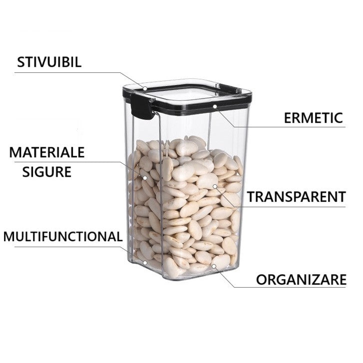Recipient din Plastic, pentru Alimente/Obiecte, Inchidere Ermetica, 10.2 x 18.5 cm, 1300 ml, Transparent