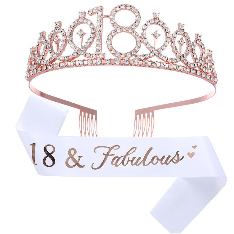 Set 2 Piese pentru Majorat, 15 x 13 x 5 cm, Coronita Printesa Rose si Panglica 18&amp;Fabulous, Alb