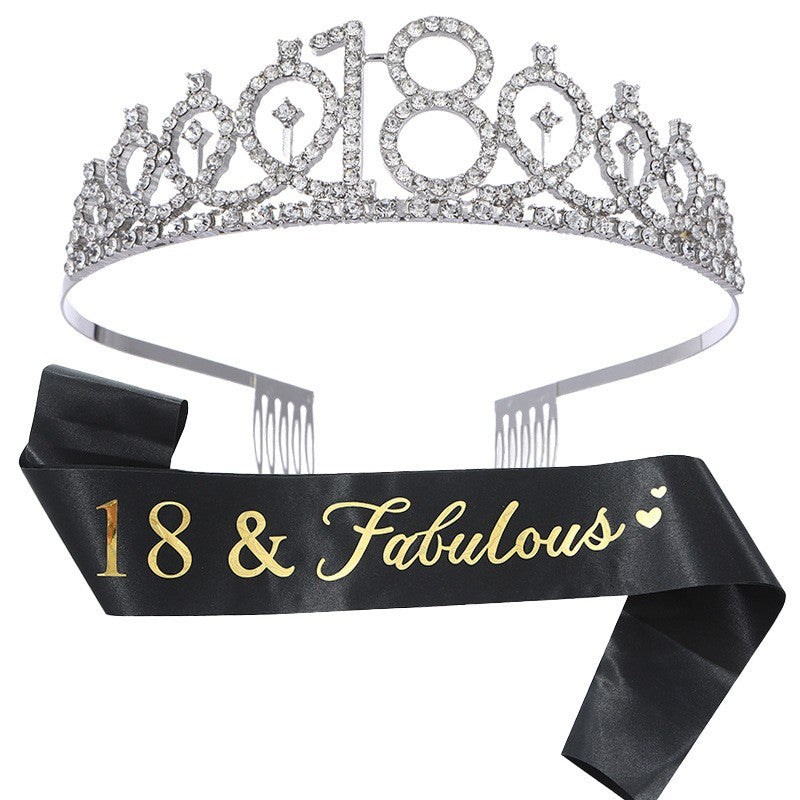 Set 2 Piese pentru Majorat, 15 x 13 x 5 cm, Coronita Printesa Silver si Panglica 18&amp;Fabulous, Negru