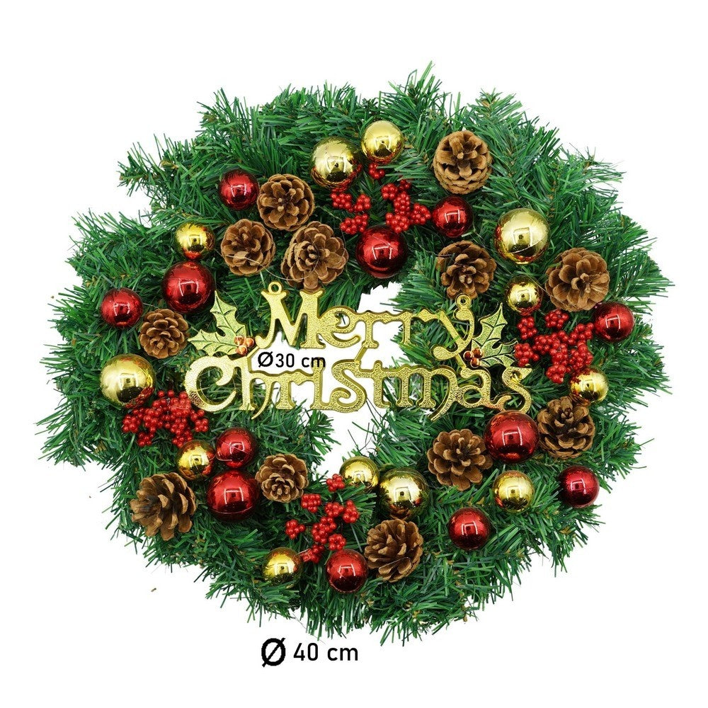 Coronita de Craciun pentru usa, Rosu-Auriu-Verde, 40 cm, PVC, Artificiala, Decorata, Interior/Exterior