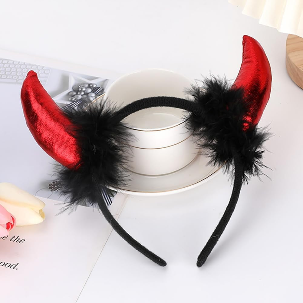 Coronita Deghizare, Model Cornite Devil, Rosu Satinat cu Puf Negru, Marime Universala
