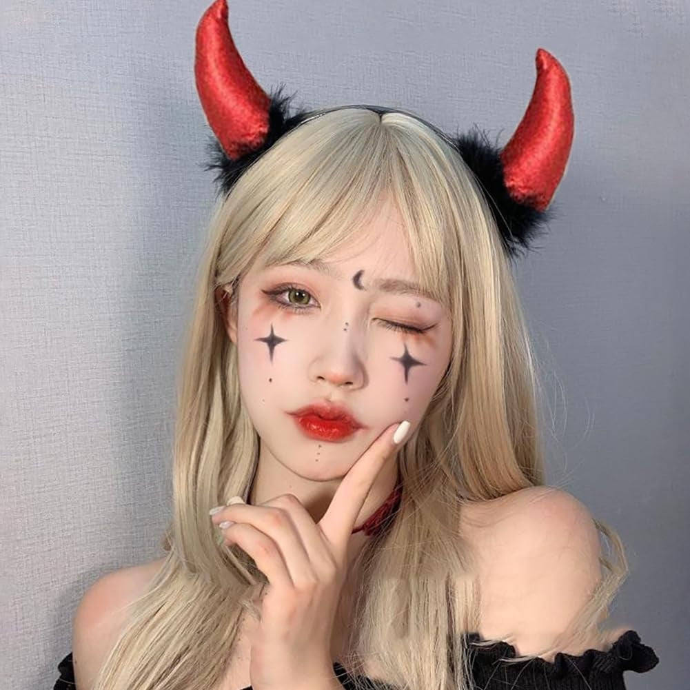 Coronita Deghizare, Model Cornite Devil, Rosu Satinat cu Puf Negru, Marime Universala