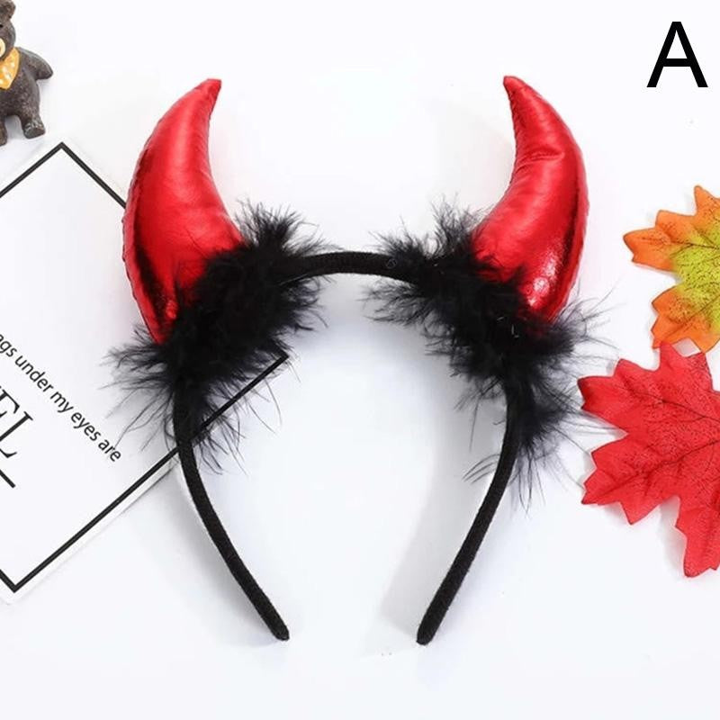 Coronita Deghizare, Model Cornite Devil, Rosu Satinat cu Puf Negru, Marime Universala