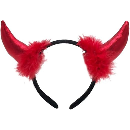 Coronita Deghizare, Model Cornite Devil, Rosu Satinat cu Puf Rosu, Marime Universala