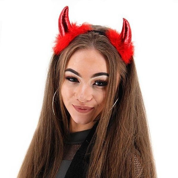 Coronita Deghizare, Model Cornite Devil, Rosu Satinat cu Puf Rosu, Marime Universala