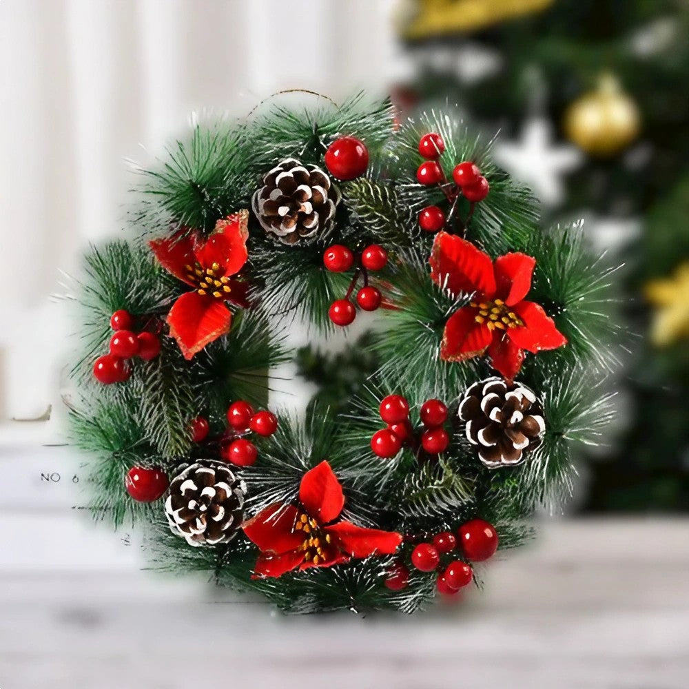 Coronita pentru Craciun, diametru 32 cm, din brad artificial, decorata cu conuri si merisoare, 3 Funde Rosii. Verde/Alb