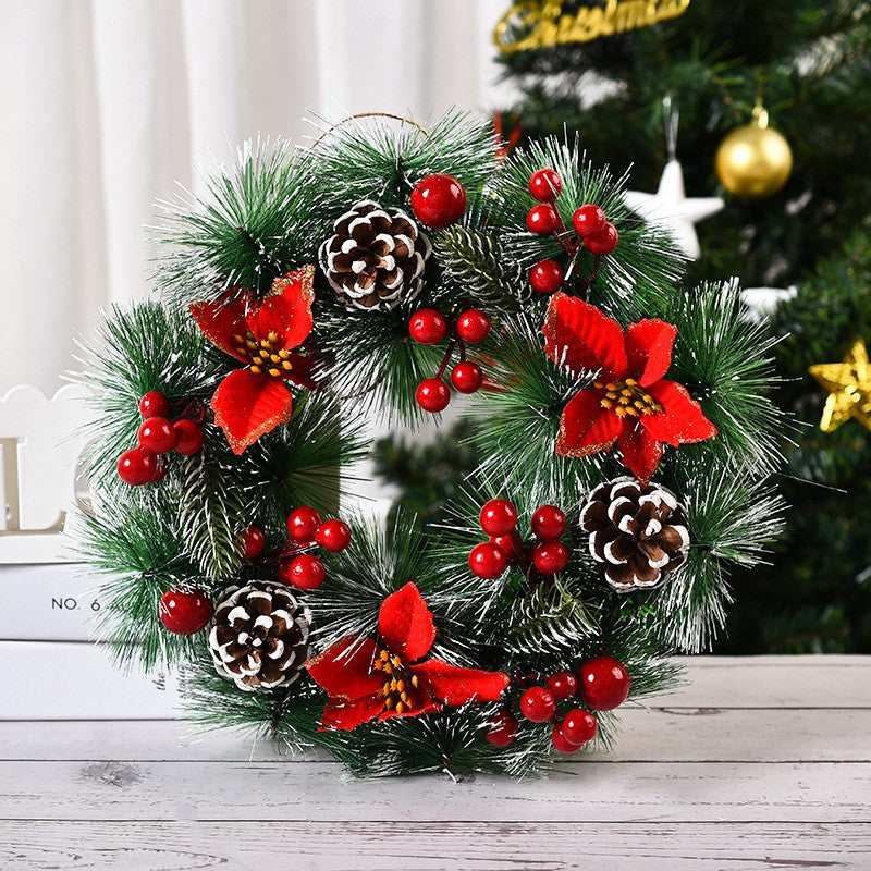 Coronita pentru Craciun, diametru 32 cm, din brad artificial, decorata cu conuri si merisoare, 3 Funde Rosii. Verde/Alb