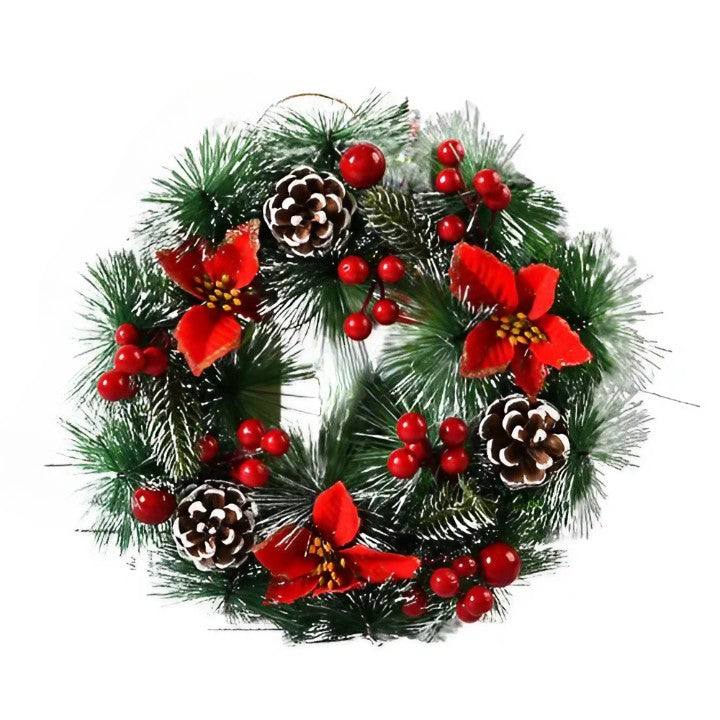 Coronita pentru Craciun, diametru 32 cm, din brad artificial, decorata cu conuri si merisoare, 3 Funde Rosii. Verde/Alb