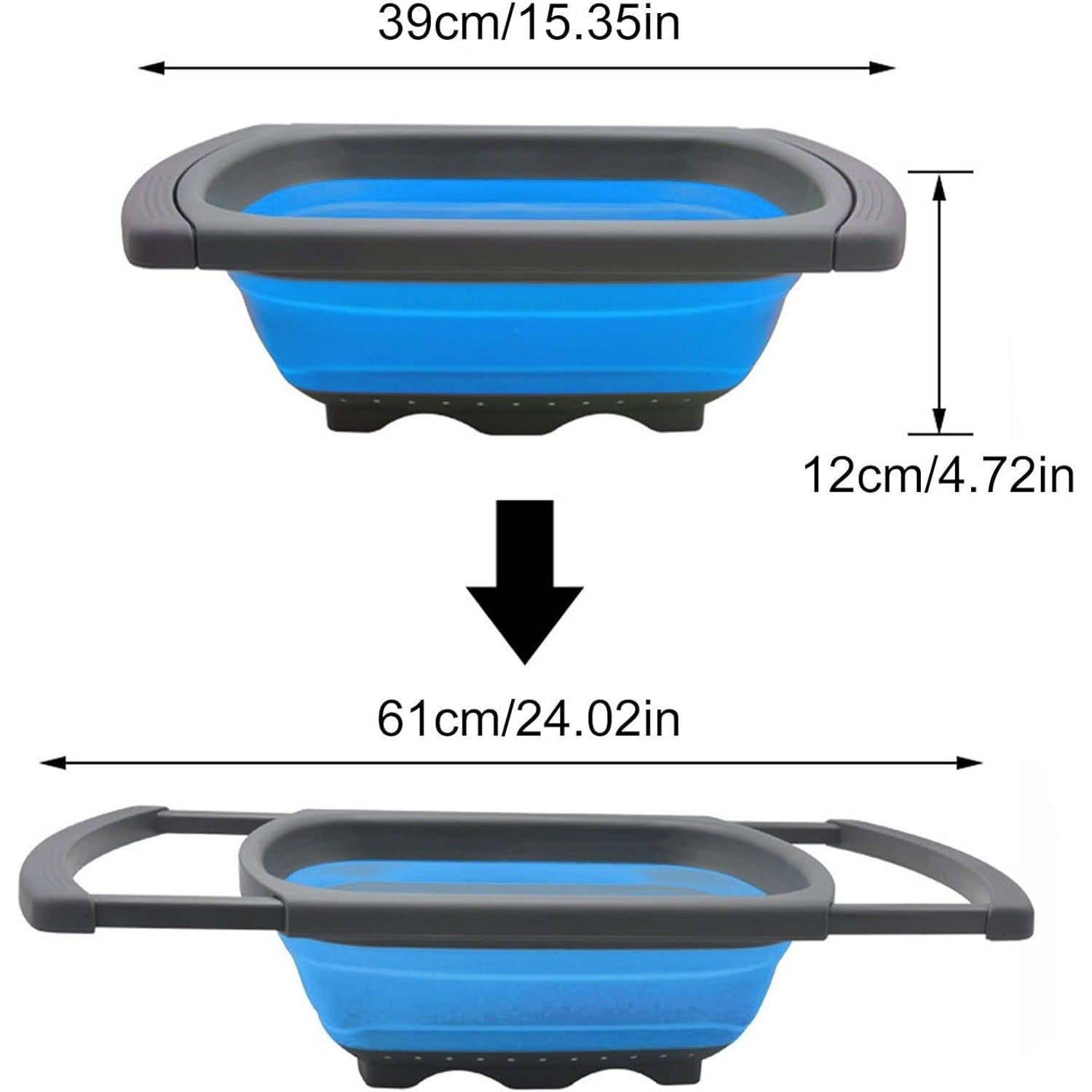 Cos de Scurgere Retractabil pentru Chiuveta, cu Filtru, pentru Fructe si Legume, de Uz Casnic, 39x12 cm, Design Extensibil pana la 61 cm, cu Manere de Prindere, Albastru