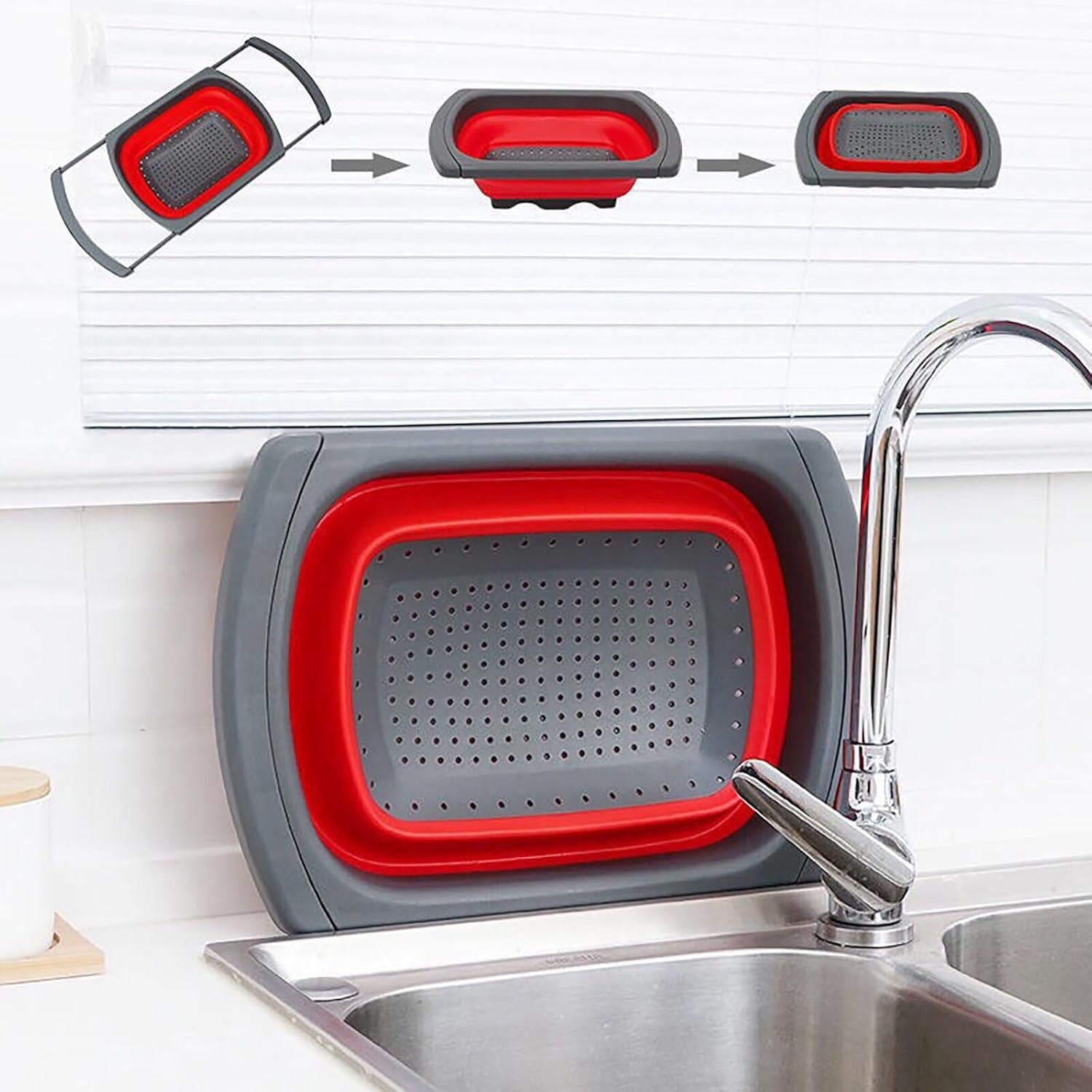 Cos de Scurgere Retractabil pentru Chiuveta, cu Filtru, pentru Fructe si Legume, de Uz Casnic, 39x12 cm, Design Extensibil pana la 61 cm, cu Manere de Prindere, Rosu