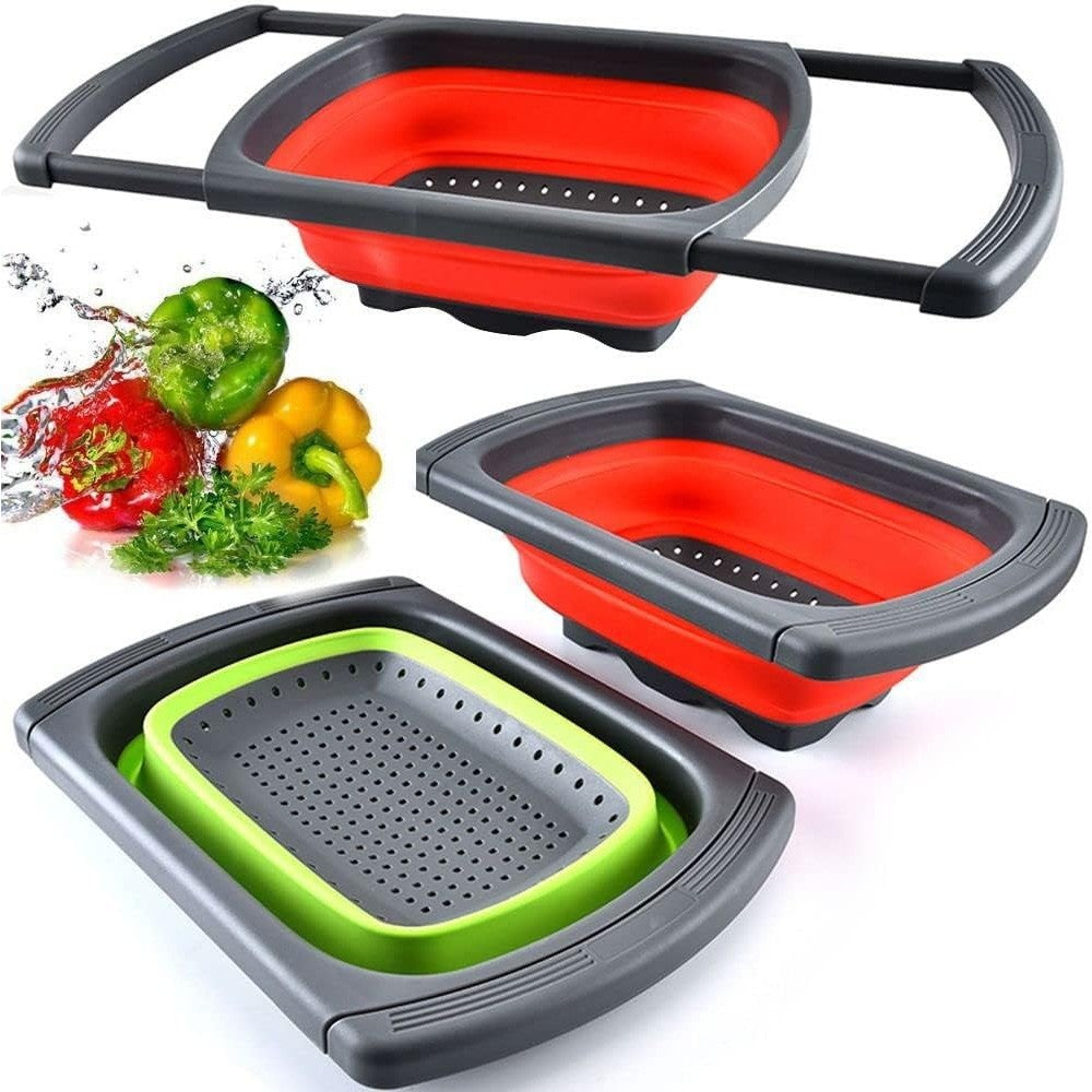 Cos de Scurgere Retractabil pentru Chiuveta, cu Filtru, pentru Fructe si Legume, de Uz Casnic, 39x12 cm, Design Extensibil pana la 61 cm, cu Manere de Prindere, Rosu