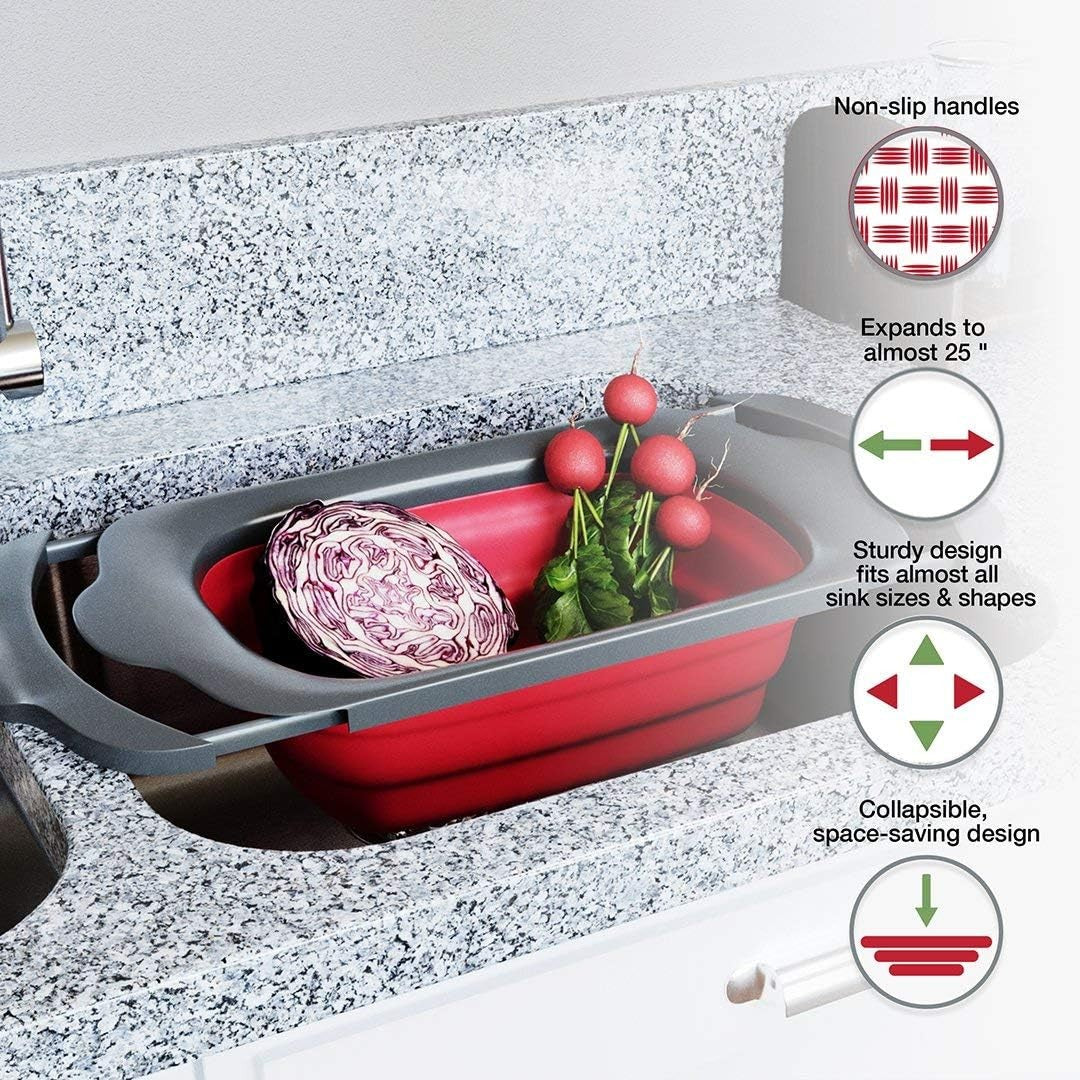 Cos de Scurgere Retractabil pentru Chiuveta, cu Filtru, pentru Fructe si Legume, de Uz Casnic, 39x12 cm, Design Extensibil pana la 61 cm, cu Manere de Prindere, Rosu