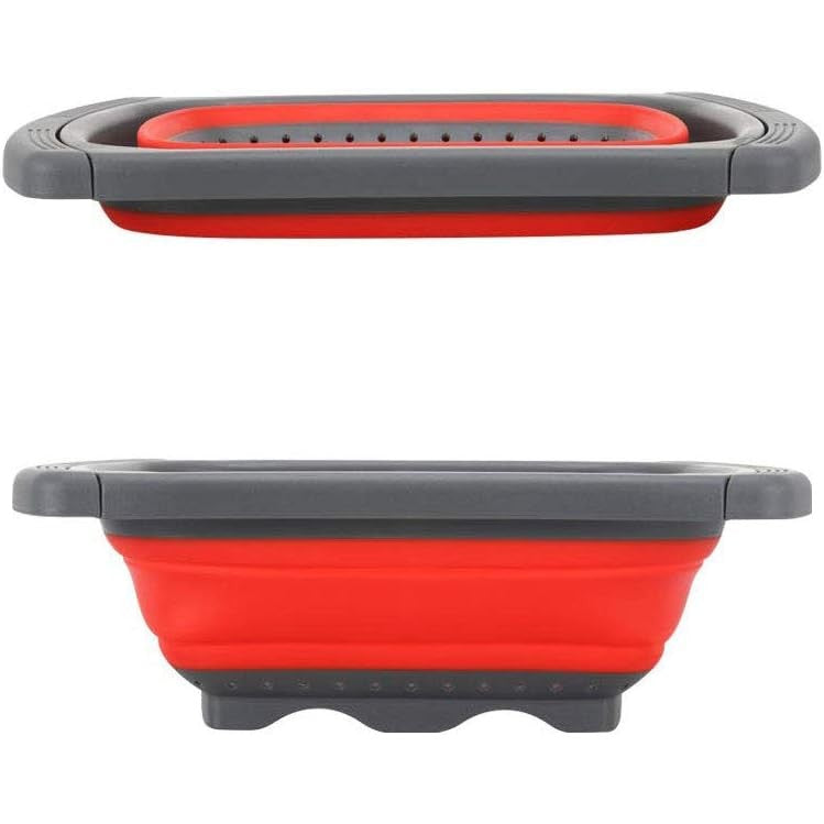 Cos de Scurgere Retractabil pentru Chiuveta, cu Filtru, pentru Fructe si Legume, de Uz Casnic, 39x12 cm, Design Extensibil pana la 61 cm, cu Manere de Prindere, Rosu