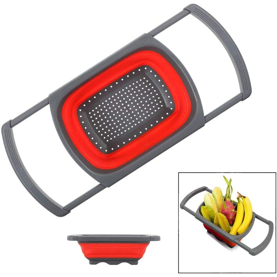 Cos de Scurgere Retractabil pentru Chiuveta, cu Filtru, pentru Fructe si Legume, de Uz Casnic, 39x12 cm, Design Extensibil pana la 61 cm, cu Manere de Prindere, Rosu