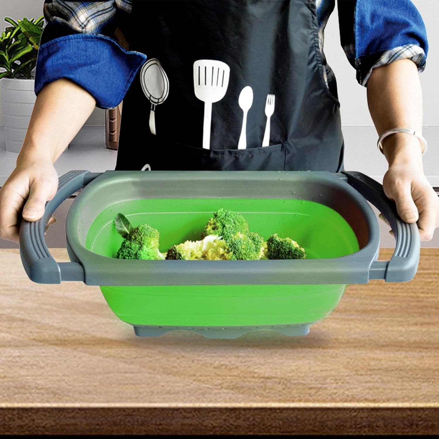 Cos de Scurgere Retractabil pentru Chiuveta, cu Filtru, pentru Fructe si Legume, de Uz Casnic, 39x12 cm, Design Extensibil pana la 61 cm, cu Manere de Prindere, Verde