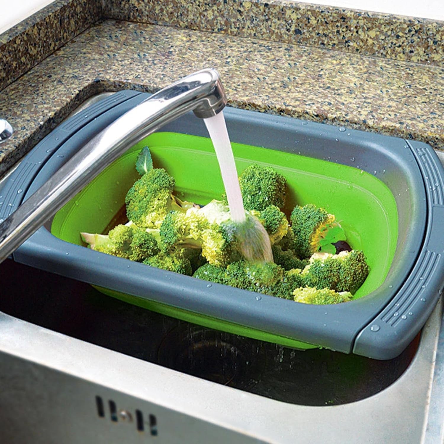 Cos de Scurgere Retractabil pentru Chiuveta, cu Filtru, pentru Fructe si Legume, de Uz Casnic, 39x12 cm, Design Extensibil pana la 61 cm, cu Manere de Prindere, Verde