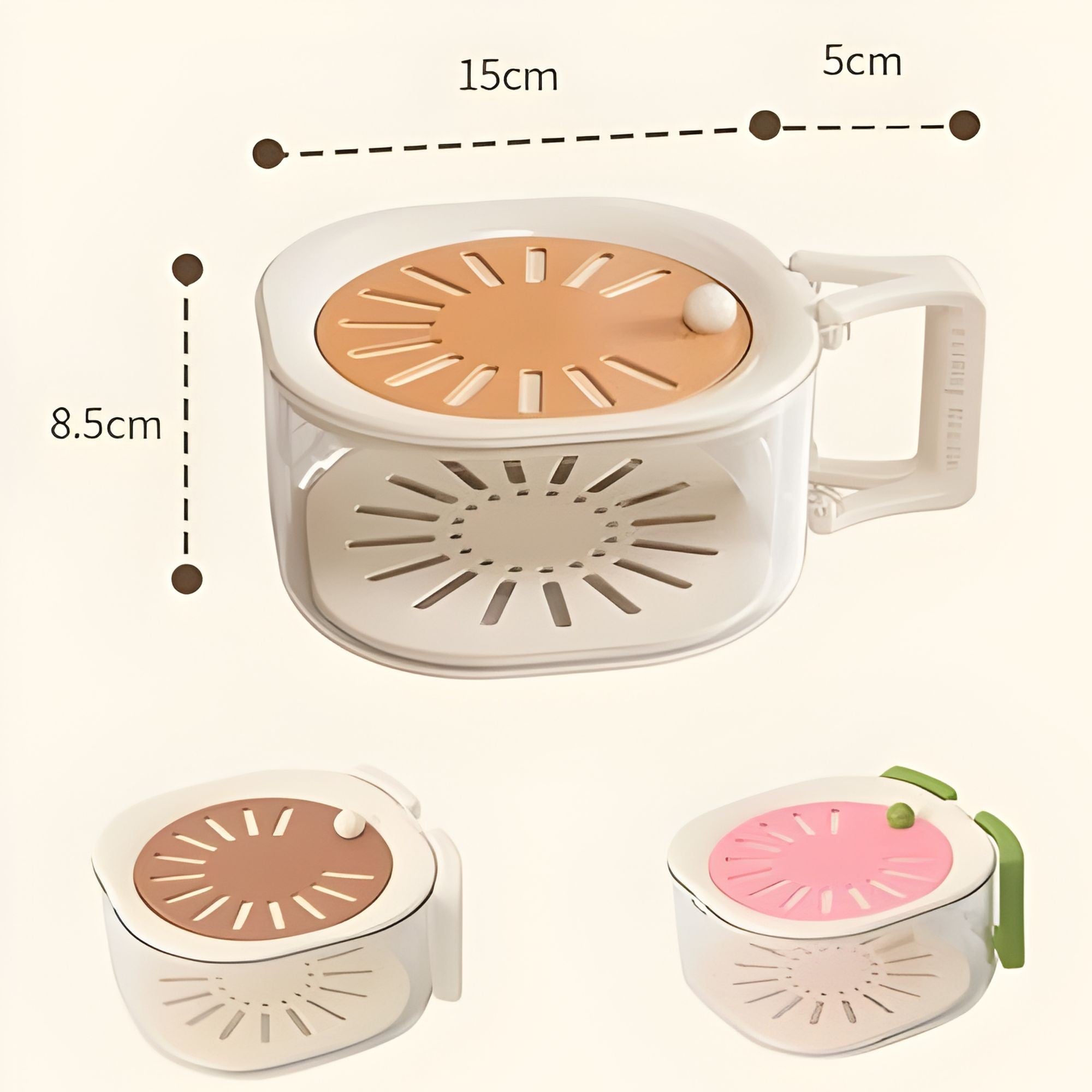 Cos de Scurgere pentru Fructe 2 in 1, din Plastic Durabil, Filtru Telescopic, Scurgator de Fructe si Legume, pentru Uz Casnic, 15 x 15 x 8.5 cm, Maro/Bej