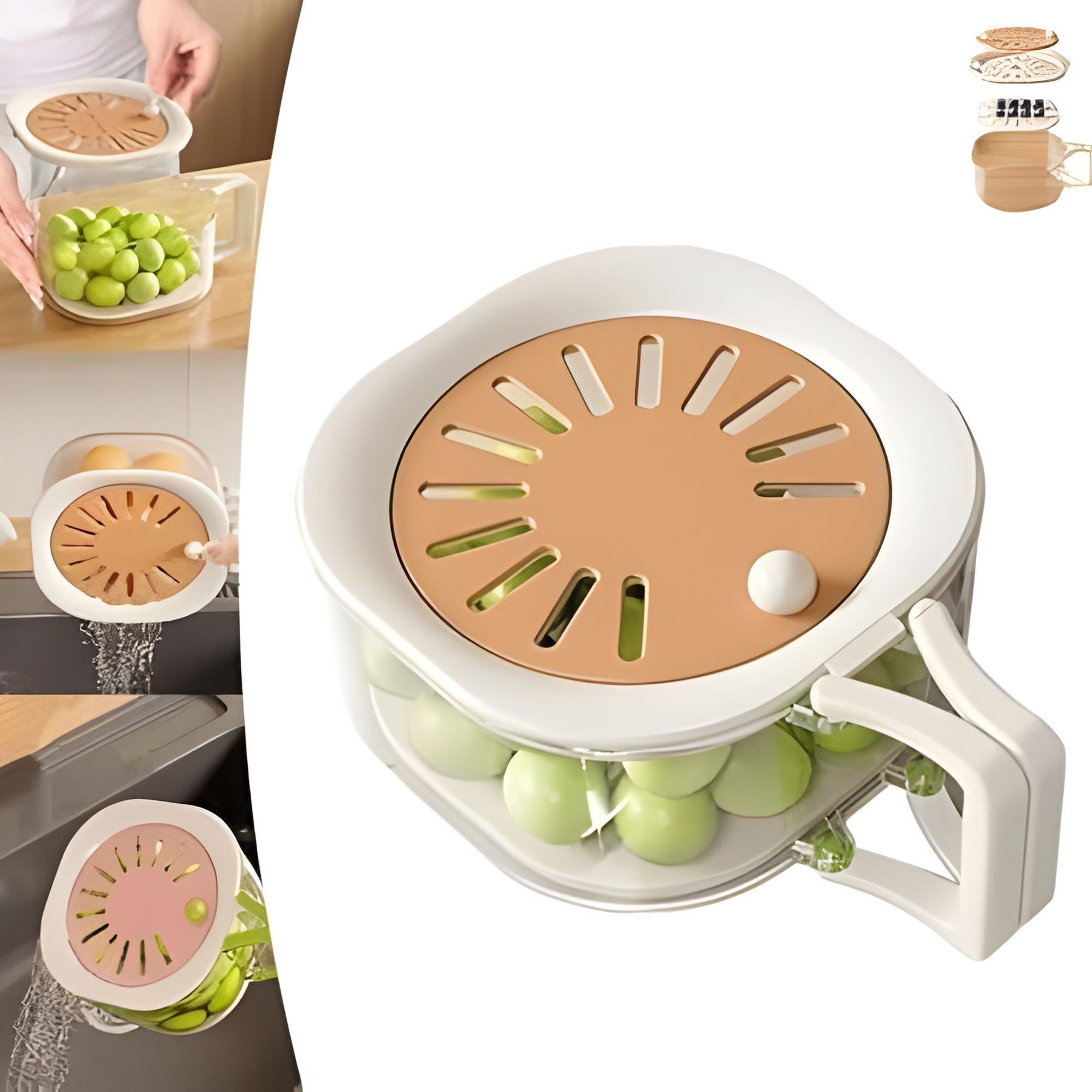 Cos de Scurgere pentru Fructe 2 in 1, din Plastic Durabil, Filtru Telescopic, Scurgator de Fructe si Legume, pentru Uz Casnic, 15 x 15 x 8.5 cm, Maro/Bej