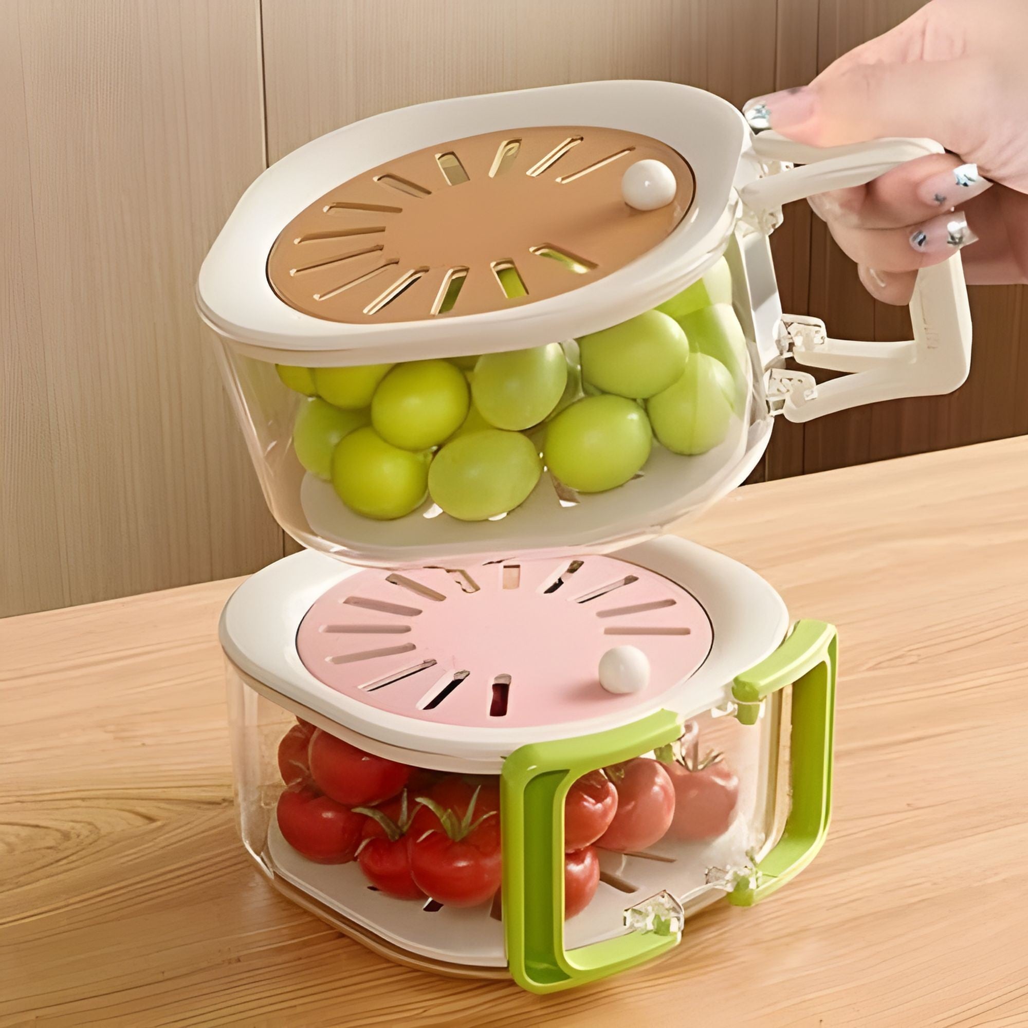 Cos de Scurgere pentru Fructe 2 in 1, din Plastic Durabil, Filtru Telescopic, Scurgator de Fructe si Legume, pentru Uz Casnic, 15 x 15 x 8.5 cm, Maro/Bej